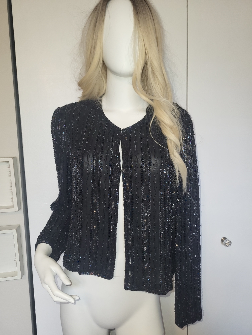 Stenay Black Beaded & Sequin Silk Long-Sleeve Wedding Guest Event Jacket